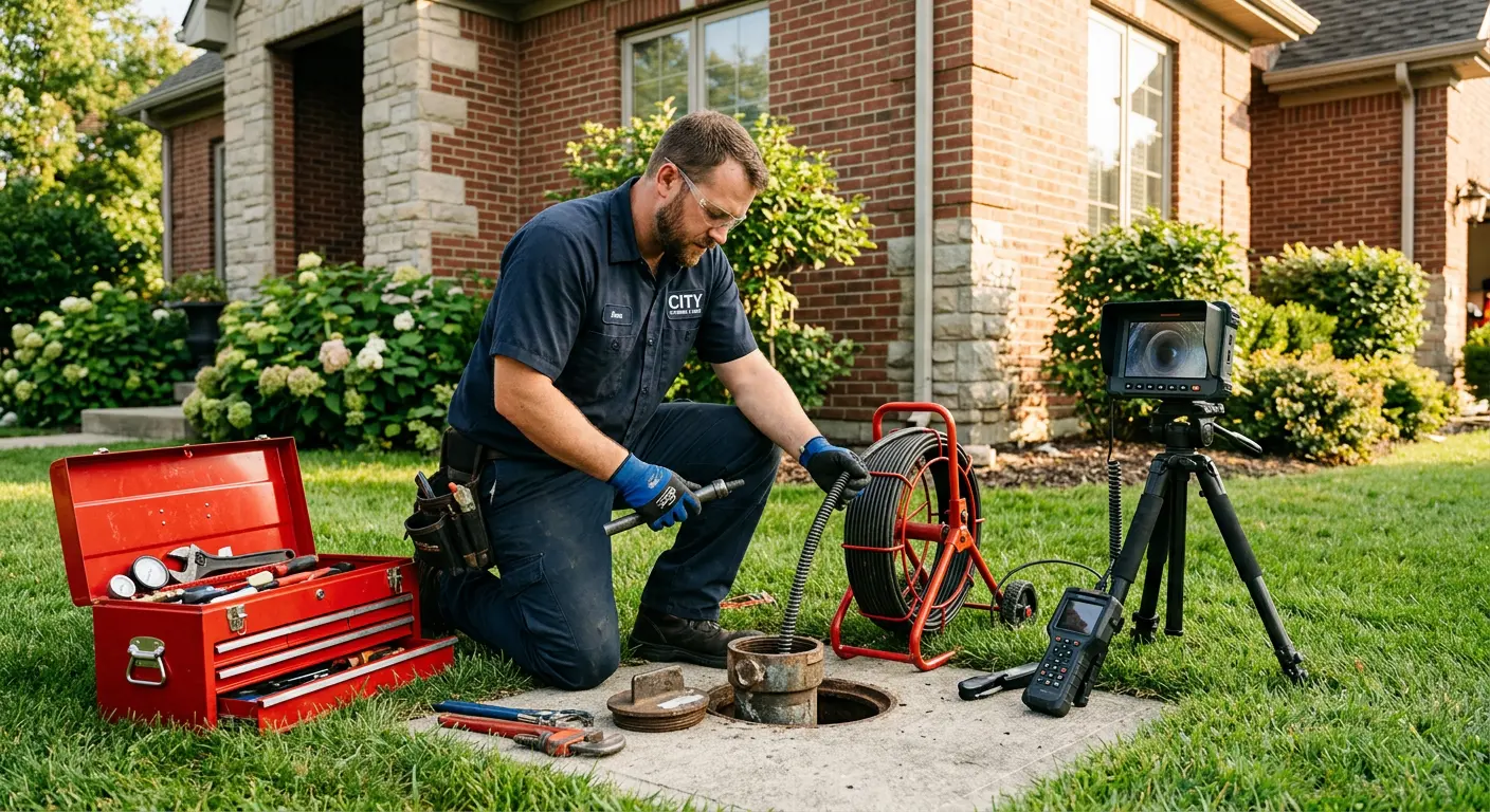 Sewer specialist with camera equipment servicing a cleanout in Owatonna