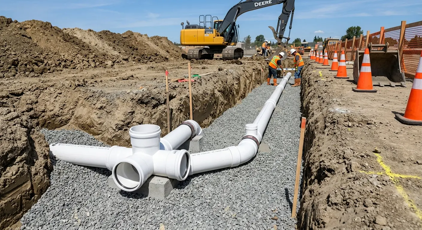 New PVC sewer pipe installation in open trench for Grease Trap Cleaning in Owatonna