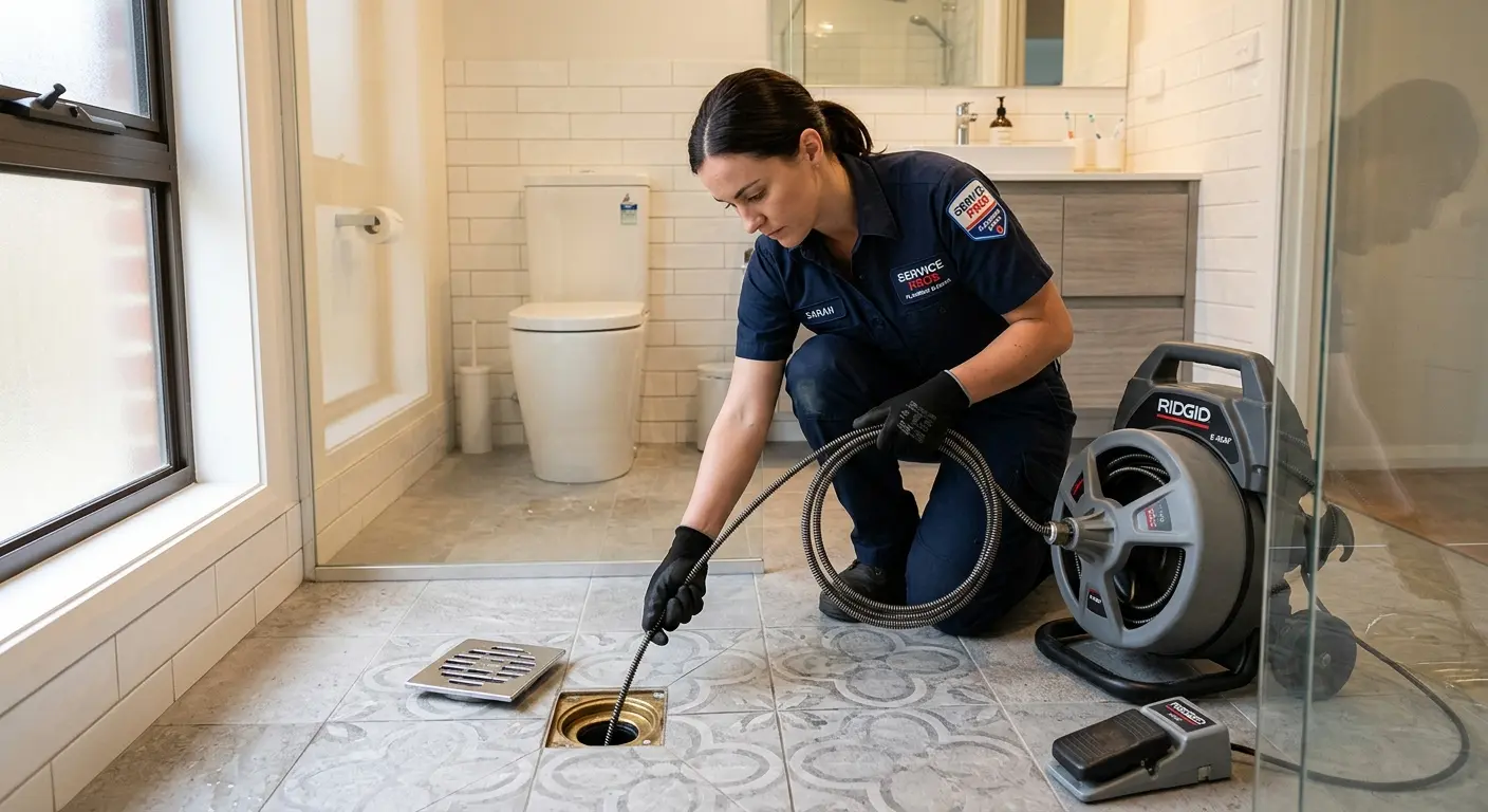 Technician clearing a bathroom floor drain for Sewer Line Installation in Owatonna
